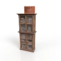 Classic Wooden Bookshelf With Glass Door Compartments Holding Books And Brown Box On Top