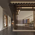 Elegant Traditional Chinese Clubhouse Interior With Tile Roof Wooden Structure Bookshelves And Tables Chairs