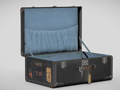 Open Vintage Suitcase With Blue Interior Lining Metal Clasps And T.R. Initials 3d model