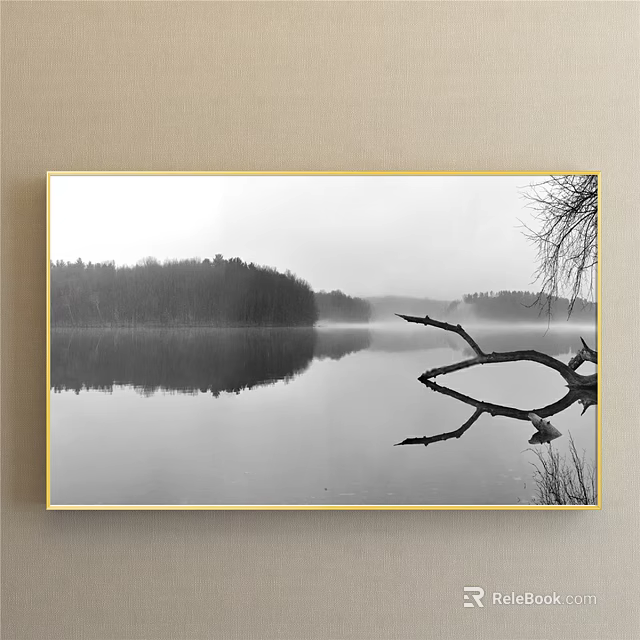 Black and White Landscape Painting with Misty Lake Reflection and Dead Branch Surrounded by Trees 3d model 
