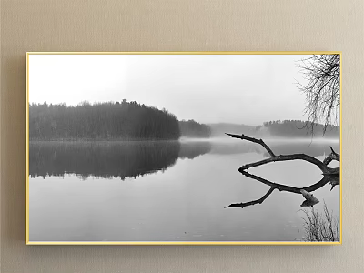 Black and White Landscape Painting with Misty Lake Reflection and Dead Branch Surrounded by Trees 3d model
