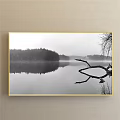 Black and White Landscape Painting with Misty Lake Reflection and Dead Branch Surrounded by Trees