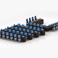 Spacious Conference Room Interior With Wooden Tables And Blue Chairs Layout