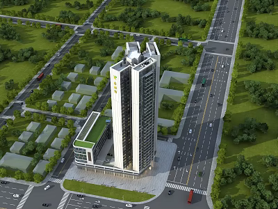 Tall Modern Residential Building with Green Spaces Low-Rise Buildings and Urban Roads 3d model