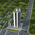 Tall Modern Residential Building with Green Spaces Low-Rise Buildings and Urban Roads