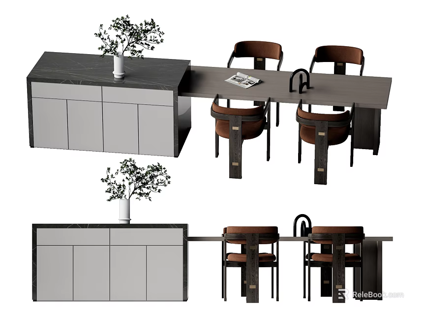 Modern Dining Table Set with Wooden Chairs Sideboard Cabinet Vase and Magazine 3d model 