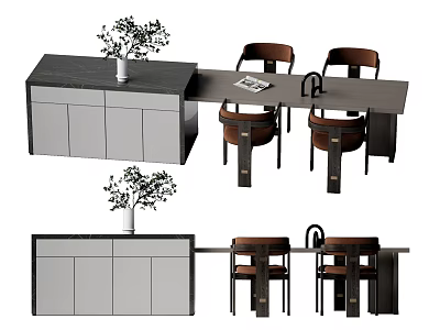 Modern Dining Table Set with Wooden Chairs Sideboard Cabinet Vase and Magazine 3d model