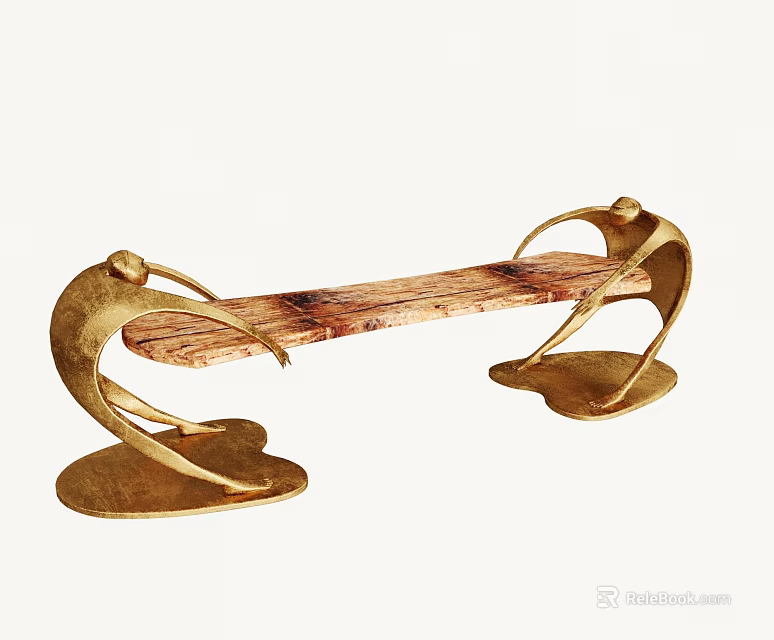 Elegant Outdoor Chair with Human Shaped Golden Metal Frame and Wooden Seat Featuring Natural Texture 3d model 