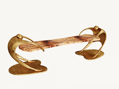 Elegant Outdoor Chair with Human Shaped Golden Metal Frame and Wooden Seat Featuring Natural Texture 3d model