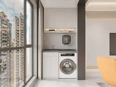 Home Balcony Design With Large Windows High Rise View White Cabinets Washing Machine And Sink 3d model