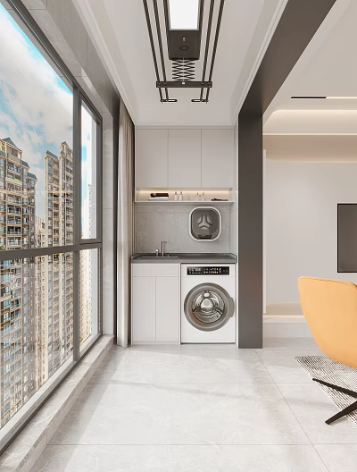 Home Balcony Design With Large Windows High Rise View White Cabinets Washing Machine And Sink 3d model