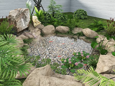 Natural Water Fountain with Rocks Koi Fish and Green Plants in Garden 3d model