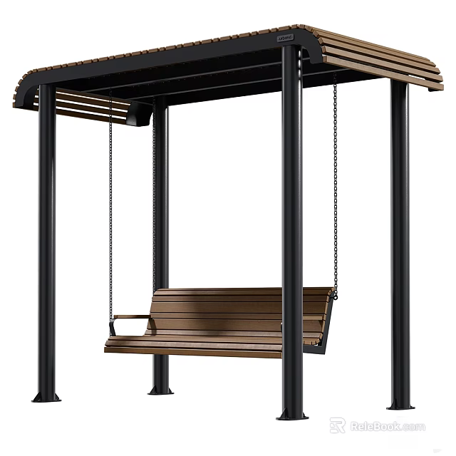 Public Facility Covered Swing Bench With Wooden Seat And Metal Support Structure 3d model 