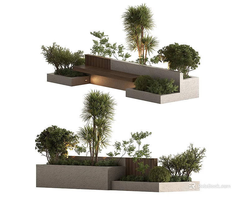 Modern Park Landscape Design With Stone Planters Palm Trees Bushes And Wooden Bench 3d model 