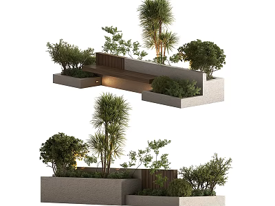 Modern Park Landscape Design With Stone Planters Palm Trees Bushes And Wooden Bench 3d model