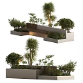 Modern Park Landscape Design With Stone Planters Palm Trees Bushes And Wooden Bench