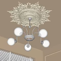 Chandelier With Silver Metal Frame Five White Spherical Lampshades On Ornate Carved Beige Room Ceiling