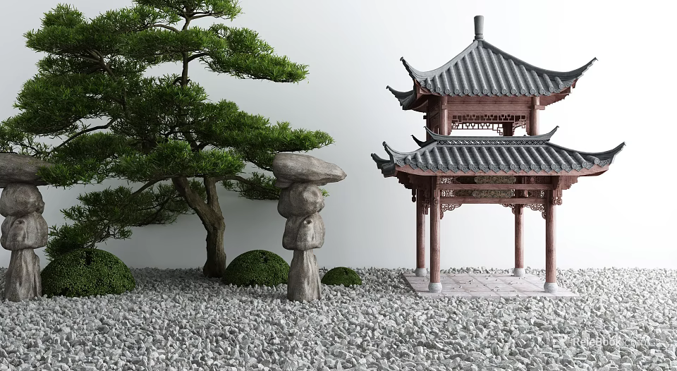 Traditional Chinese Courtyard Garden with Pavilion Pine Tree Stone Ornament Gravel Ground Green Shrubs 3d model 