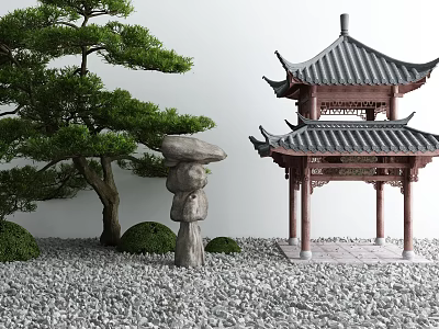 Traditional Chinese Courtyard Garden with Pavilion Pine Tree Stone Ornament Gravel Ground Green Shrubs 3d model