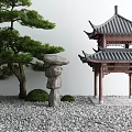 Traditional Chinese Courtyard Garden with Pavilion Pine Tree Stone Ornament Gravel Ground Green Shrubs