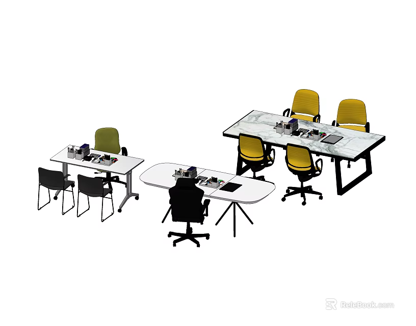 Modern Office Desks With Rectangular Oval Shapes Yellow Black Chairs And Supplies 3d model 