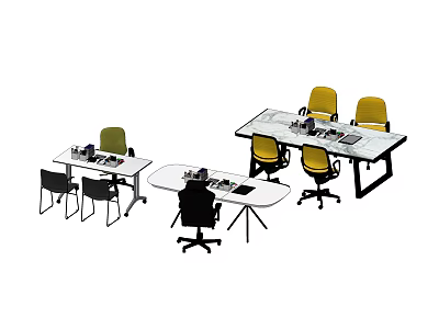 Modern Office Desks With Rectangular Oval Shapes Yellow Black Chairs And Supplies 3d model