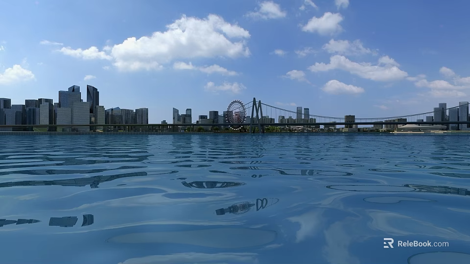 Aerial Planning of Urban Waterfront with City Skyline Ferris Wheel Bridge and Blue Sky 3d model 