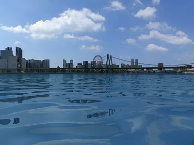 Aerial Planning of Urban Waterfront with City Skyline Ferris Wheel Bridge and Blue Sky 3d model