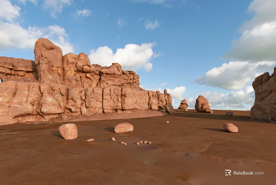Red Rock Landscape With Massive Stone Formations And Wooden Accents On Sandy Desert Ground 3d model 