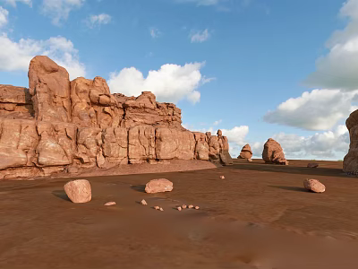 Red Rock Landscape With Massive Stone Formations And Wooden Accents On Sandy Desert Ground 3d model