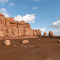 Red Rock Landscape With Massive Stone Formations And Wooden Accents On Sandy Desert Ground