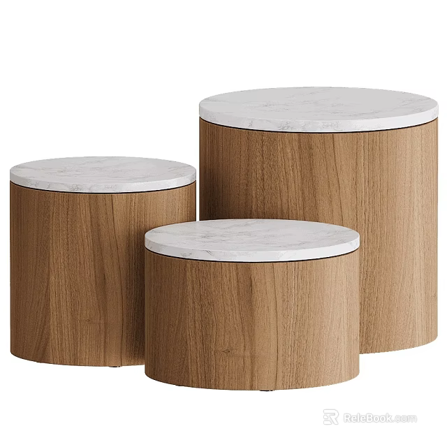 Three Modern Cylindrical Stools With White Marble Tops And Brown Wooden Bodies 3d model 