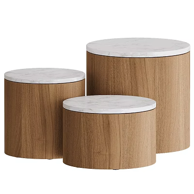 Three Modern Cylindrical Stools With White Marble Tops And Brown Wooden Bodies 3d model