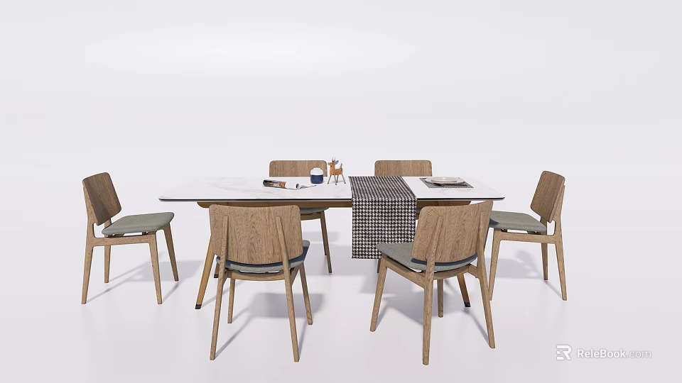 White Dining Table Set With Six Wooden Chairs And Tabletop Decorative Items 3d model