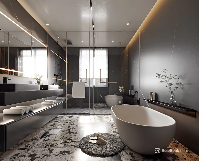 Modern Bathroom Interior Design With Large Mirror Freestanding Bathtub And Marble Accents 3d model 