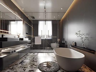 Modern Bathroom Interior Design With Large Mirror Freestanding Bathtub And Marble Accents 3d model