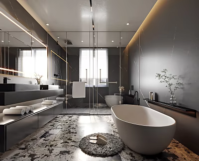 Modern Bathroom Interior Design With Large Mirror Freestanding Bathtub And Marble Accents 3d model