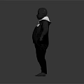 3D Fashion Model Wearing Black Hoodie Black Pants With White Text Logo Against Gray Background