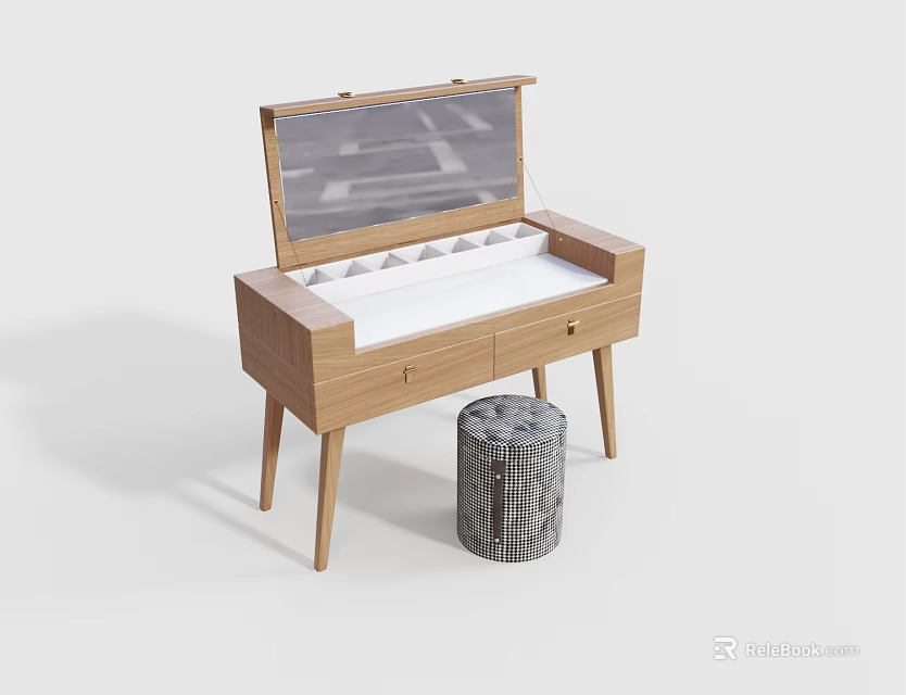 Modern Wooden Dressing Table With Flip Top Mirror Drawers And Matching Stool 3d model 