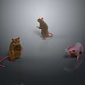 Three Mice In Different Colors With Standing Poses On Gray Background With Reflections