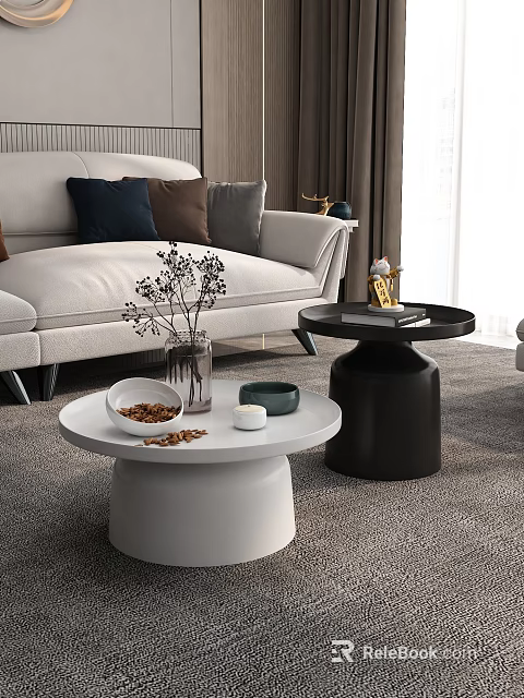 Modern Sofa Coffee Table Set With Light Sofa Cushions White Black Round Tables Decorative Elements 3d model