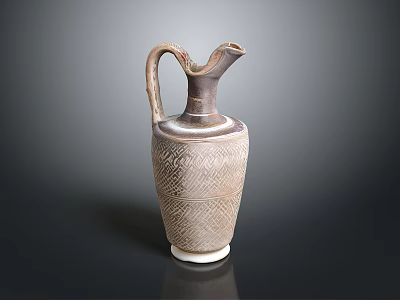 Artisanal Sculpted Ceramic Jug With Intricate Carved Patterns Curved Handle And Bird Shaped Spout 3d model