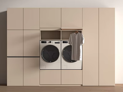 Two Washing Machines In Built-in Beige Cabinets With Hanging T-shirt Laundry Area 3d model