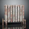 Vintage Rusted White Radiator With Copper Pipes On Black Reflective Surface 3d model