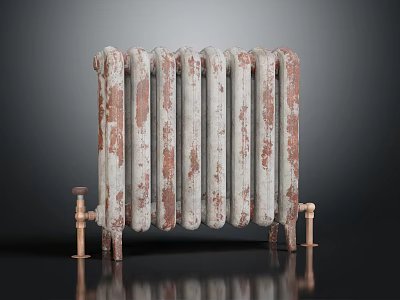 Vintage Rusted White Radiator With Copper Pipes On Black Reflective Surface 3d model