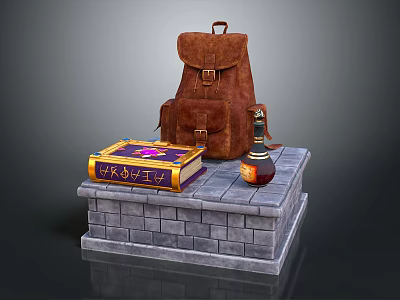 Stone Platform With Brown Backpack Decorative Book And Potion Bottle 3d model