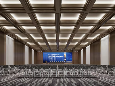 Modern Conference Room With Wooden Grid Ceiling Recessed Lighting Large Screen And Neatly Arranged Chairs 3d model