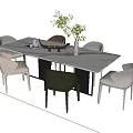 Modern Dining Table Set With White Marble Top Six Chairs And Green Plant Vase