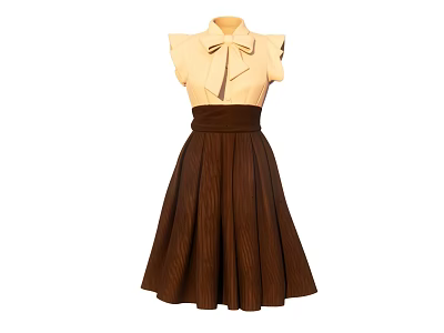 Stylish Women's Sleeveless Dress With Beige Bow Tie Top And Brown Pleated Skirt 3d model