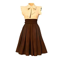 Stylish Women's Sleeveless Dress With Beige Bow Tie Top And Brown Pleated Skirt